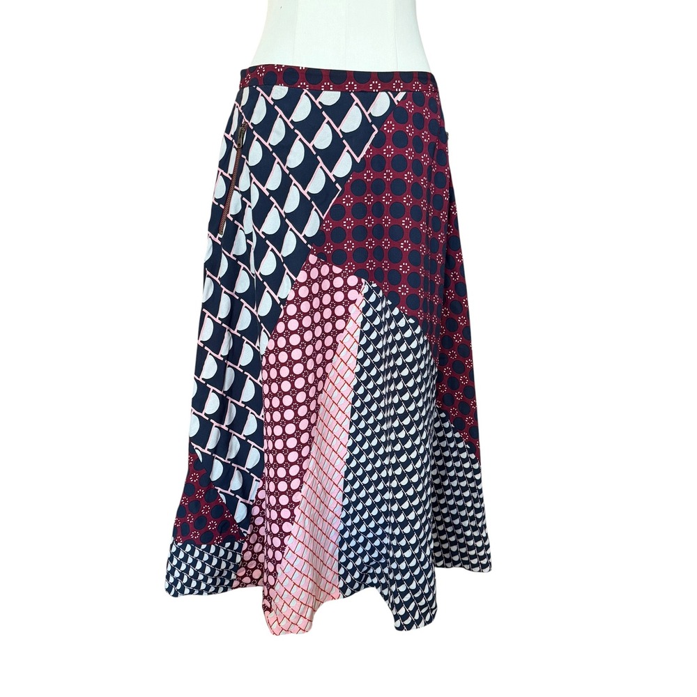 HD in Paris Anthropologie Patchwork Geometric Midi Skirt Burgundy 10 Boho Chic